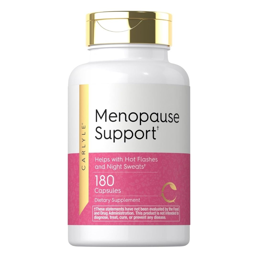 Carlyle. Menopause Support. Black Cohosh + Isoflavonas de Soya + Dong Quai + otros extractos herbales. Para sofocos y sudores nocturnos - 180 cápsulas por frasco.