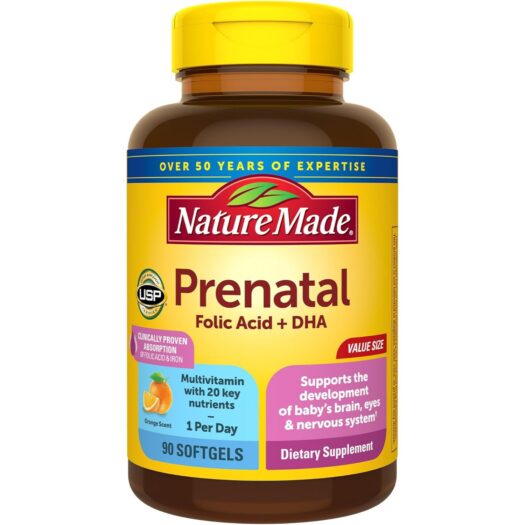 NatureMade. Multivitaminas + Minerales Prenatales + Omega 3 (DHA + EPA) 90 softgels / cápsulas blandas.