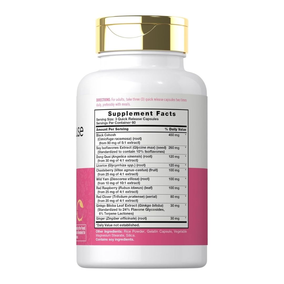 Carlyle. Menopause Support. Black Cohosh + Isoflavonas de Soya + Dong Quai + otros extractos herbales. Para sofocos y sudores nocturnos - 180 cápsulas por frasco. - Image 2