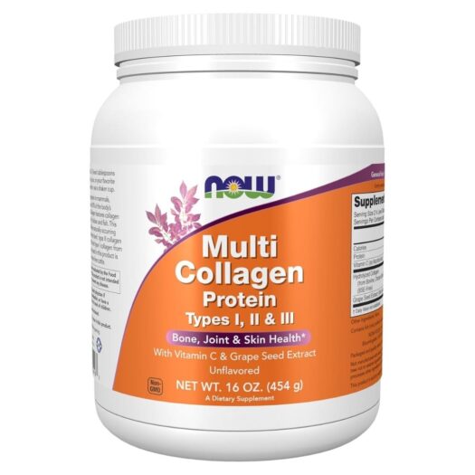 Now. Multicolágeno proteína, tipos I,II y III + Vitamina C + Semillas de Uva - 35 porciones por frasco - 16 onzas - sin sabor
