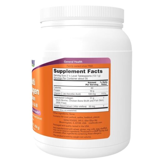 Now. Multicolágeno proteína, tipos I,II y III + Vitamina C + Semillas de Uva - 35 porciones por frasco - 16 onzas - sin sabor - Image 2