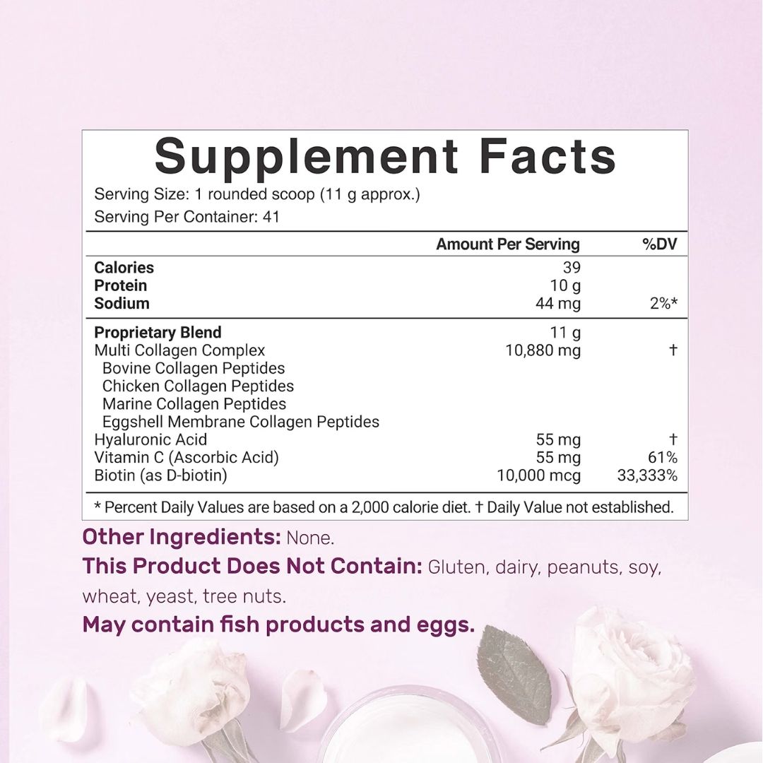 Deal Suplement. Multicolágeno proteína, tipos I,II, III, V, X + Biotin, Vitamina C y Ácido Hialurónico - 41 porciones en polvo sin sabor - 1 libra - Imagen 2
