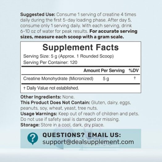 Deal Suplement. Creatina Monohidratada 5,000 mg EN POLVO - SIN SABOR - 120 porciones por frasco. - Image 2