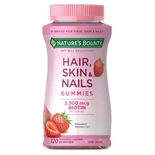 Nature's Bounty. Hair, Skin and Nails con 2500 mcg de biotina + Vitaminas C y e - 120 gomitas sabor fresa