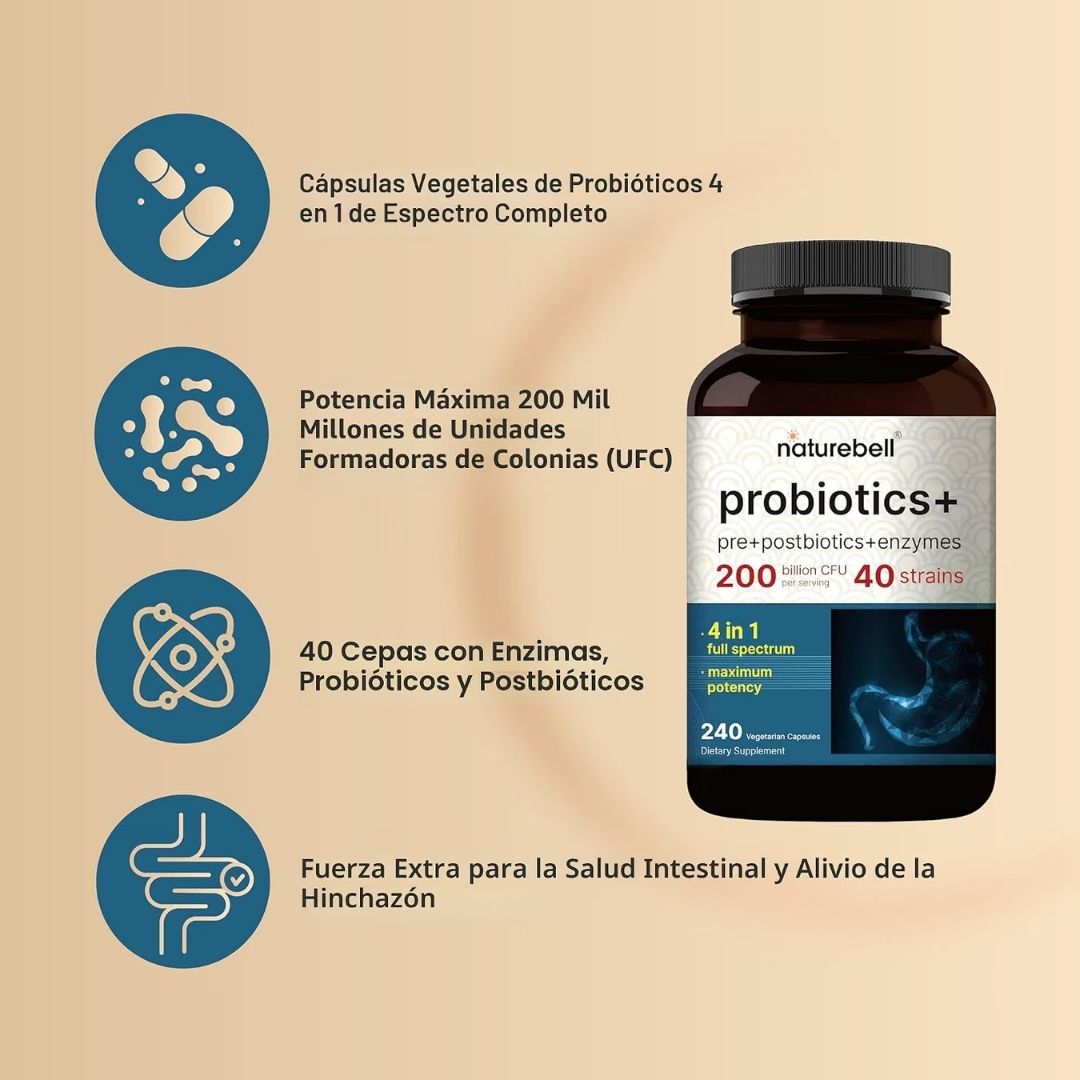 NatureBell. Probióticos - Probióticas +Prebióticos + Postbióticos+ Enzimas Digestivas - 200 billones Por 2 Cápsulas - 240 cápsulas por frasco. - Imagen 3