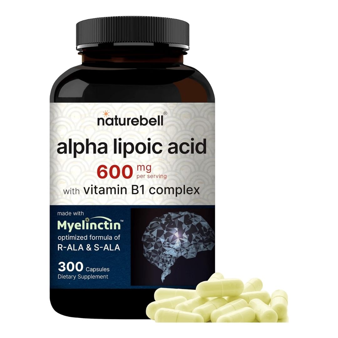 NatureBell. Complejo de Ácido Alfa Lipoico, 600mg - Por 3 cápsulas - Fórmula Myelinctin 4 en 1 con R-ALA, S-ALA, Tiamina y Benfotiamina - 300 Cápsulas por frasco.