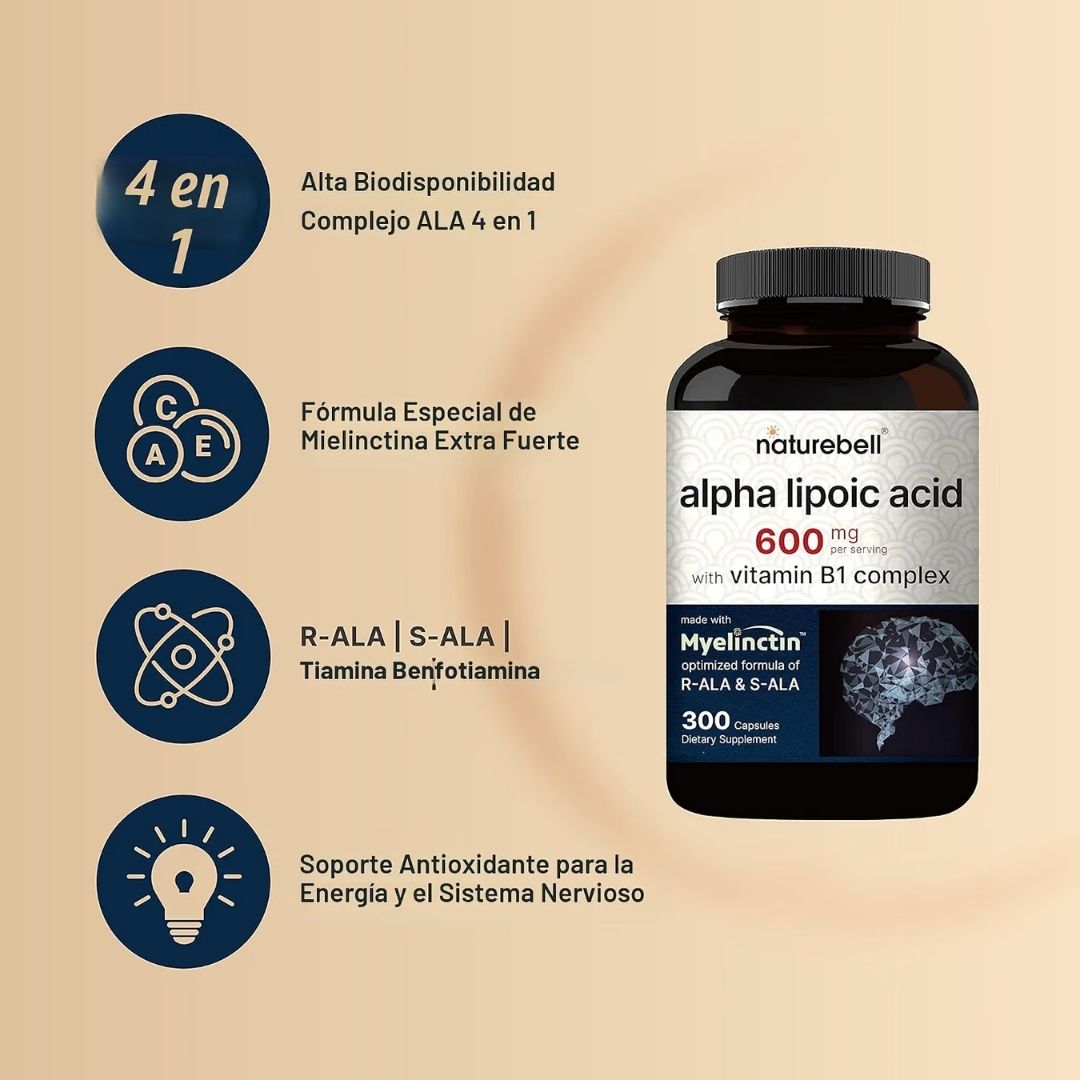 NatureBell. Complejo de Ácido Alfa Lipoico, 600mg - Por 3 cápsulas - Fórmula Myelinctin 4 en 1 con R-ALA, S-ALA, Tiamina y Benfotiamina - 300 Cápsulas por frasco. - Imagen 3