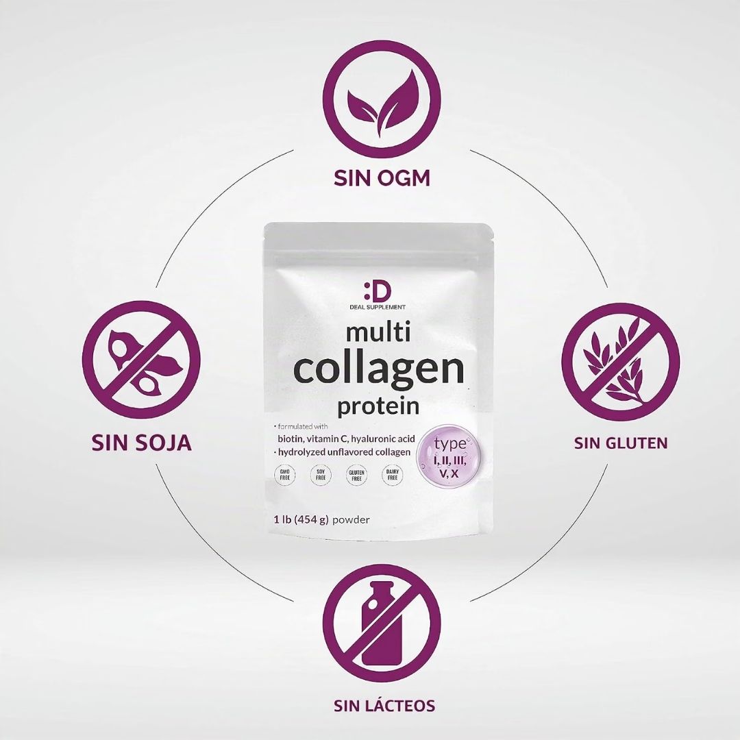 Deal Suplement. Multicolágeno proteína, tipos I,II, III, V, X + Biotin, Vitamina C y Ácido Hialurónico - 41 porciones en polvo sin sabor - 1 libra - Imagen 3