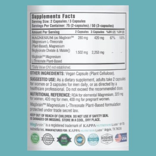 Kappa Nutrition. Magbrain Magnesio L-treonato a base de plantas 3 en 1 -  420 mg de magnesio elemental por cada 3 cápsulas - 90 cápsulas - Image 3