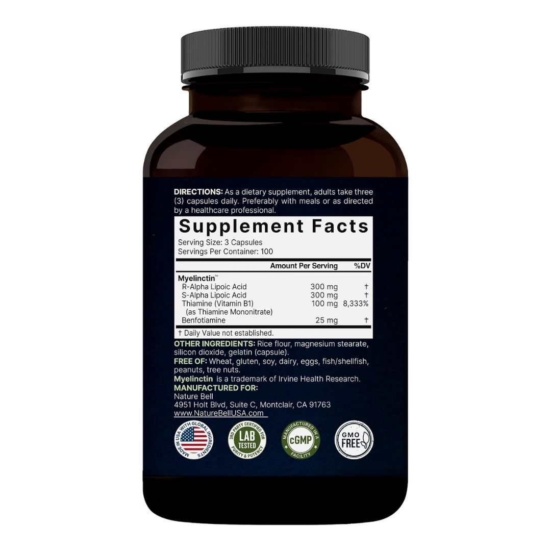 NatureBell. Complejo de Ácido Alfa Lipoico, 600mg - Por 3 cápsulas - Fórmula Myelinctin 4 en 1 con R-ALA, S-ALA, Tiamina y Benfotiamina - 300 Cápsulas por frasco. - Imagen 5