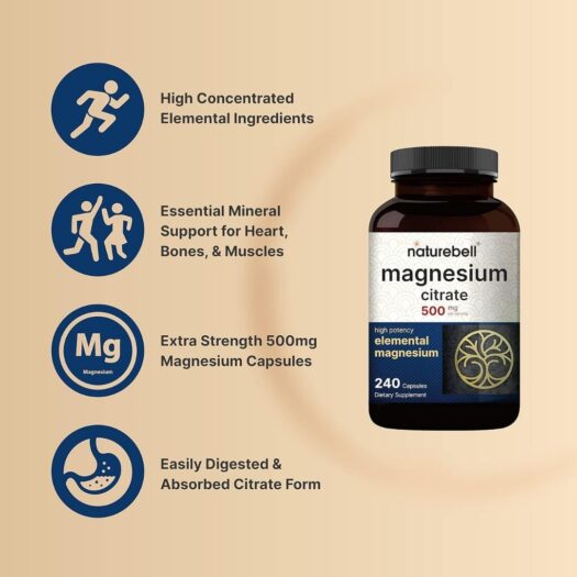 Naturebell. Citrato de Magnesio (Magnesio Elemental) 500 mg - por 3 cápsulas. 240 cápsulas por frasco. - Image 3