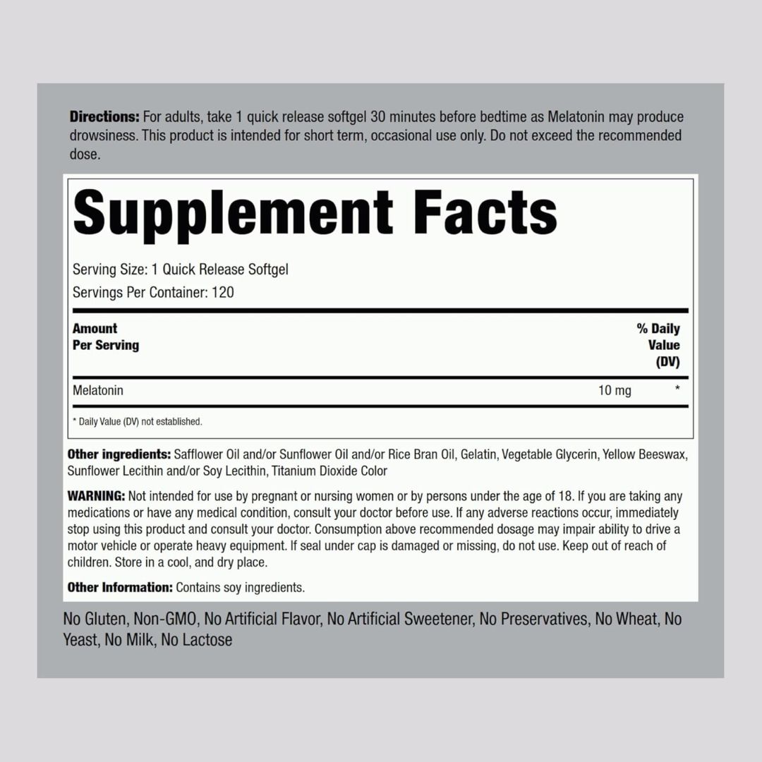 Piping Rock. Melatonina 10 mg - 120 cápsulas blandas por frasco. - Image 2