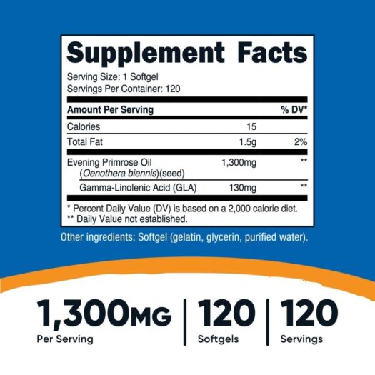 Nutricost. Evening Primrose Oil 1300 mg Aceite de Onagra - 120 softgels/ capsulas blandas por frasco - Image 2