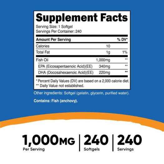 Nutricost. Fish Oil 1,000 mg - EPA 340 MG + DHA 220 MG por softgel - 240 softgels por frasco. - Image 4