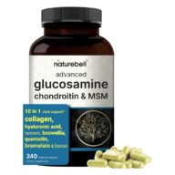 Naturebell. Glucosamina, Condroitina, MSM, Colágeno, Ácido Hialurónico, Cúrcuma, Boswellia, Quercetina, Bromelian + Borón - 240 cápsulas por frasco.