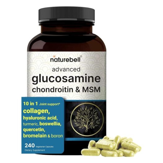 Naturebell. Glucosamina, Condroitina, MSM, Colágeno, Ácido Hialurónico, Cúrcuma, Boswellia, Quercetina, Bromelian + Borón - 240 cápsulas por frasco.