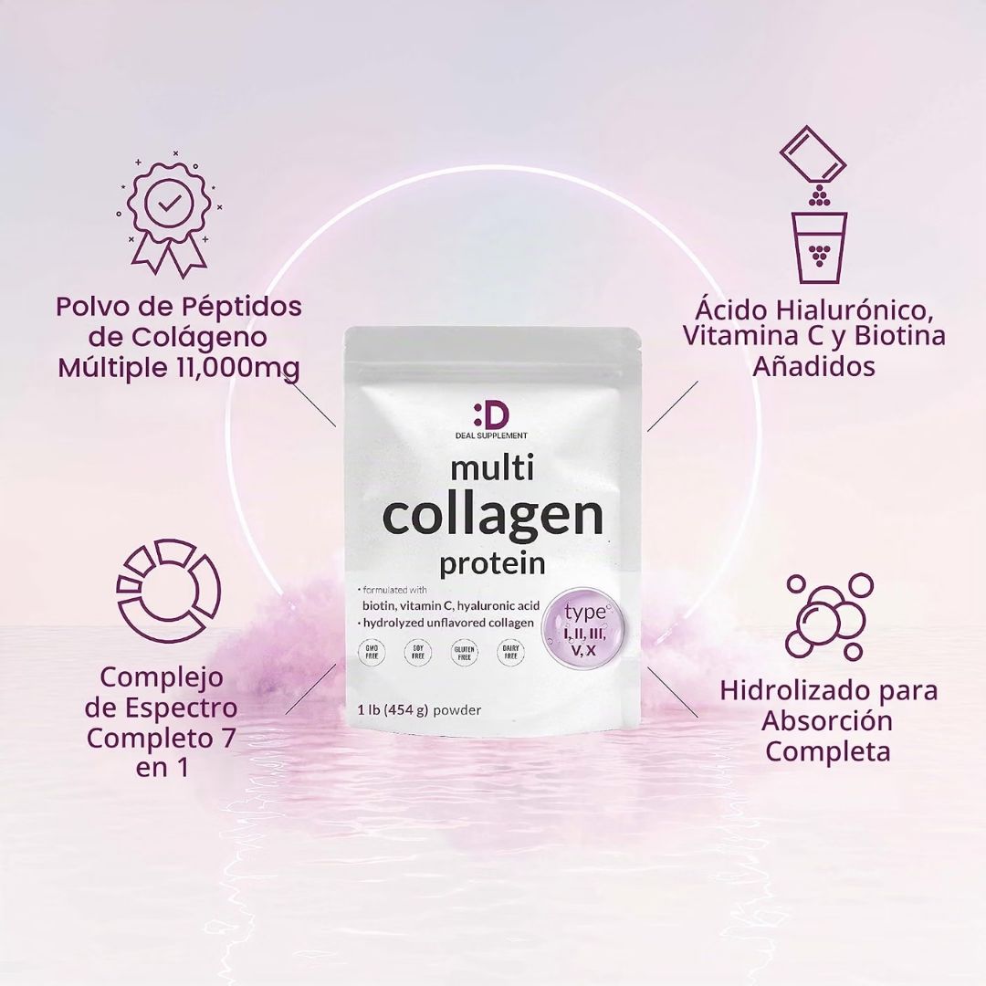 Deal Suplement. Multicolágeno proteína, tipos I,II, III, V, X + Biotin, Vitamina C y Ácido Hialurónico - 41 porciones en polvo sin sabor - 1 libra - Imagen 4