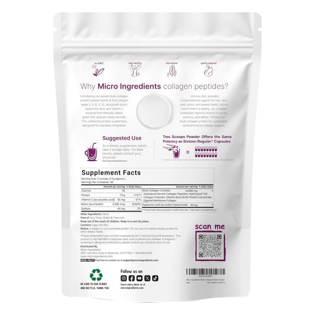 Micro Ingredients. Multicolágeno proteína, tipos I,II, III, V, X + Biotin, Vitamina C y Ácido Hialurónico - 82 porciones en polvo sin sabor - 2 libras - Imagen 2