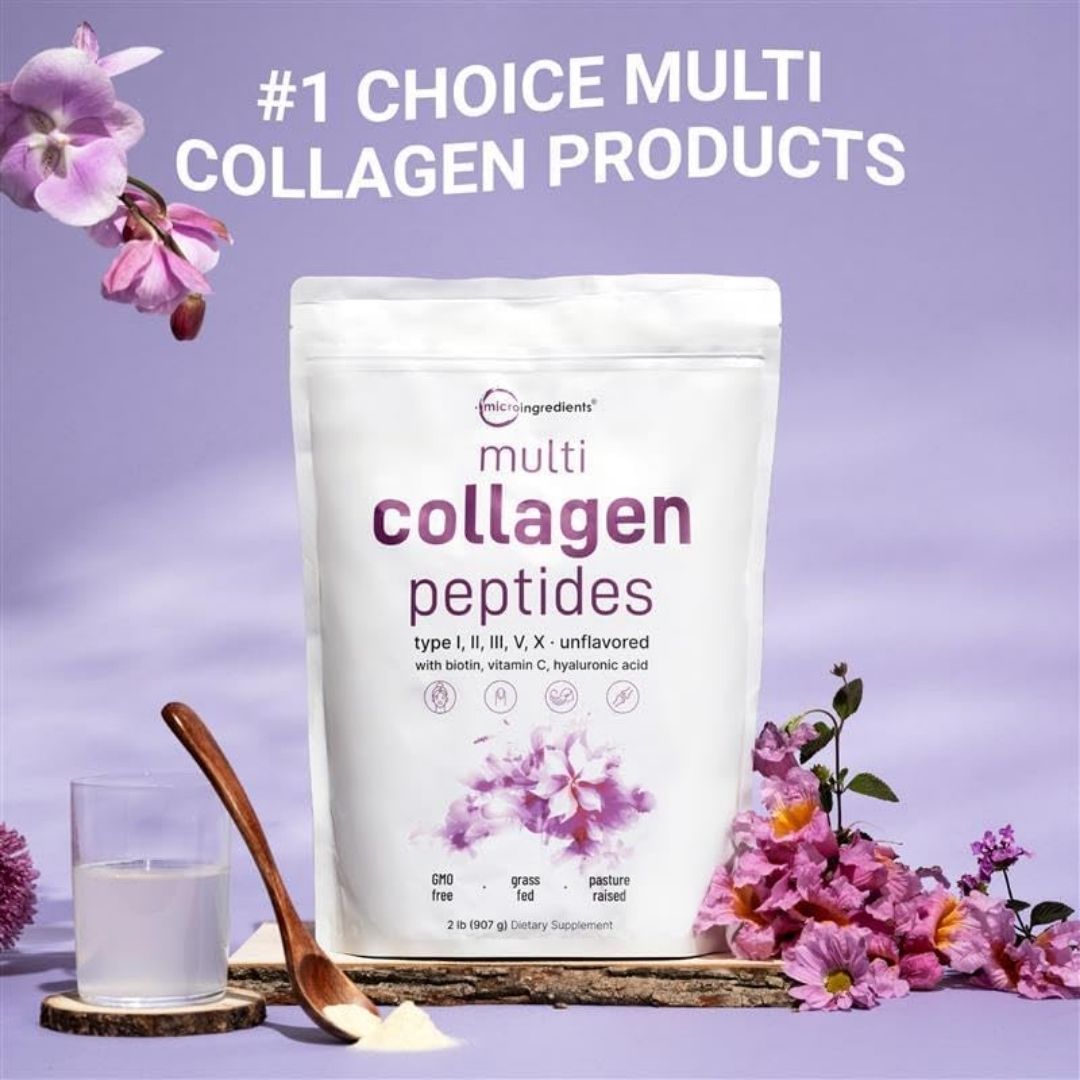 Micro Ingredients. Multicolágeno proteína, tipos I,II, III, V, X + Biotin, Vitamina C y Ácido Hialurónico - 82 porciones en polvo sin sabor - 2 libras - Imagen 3