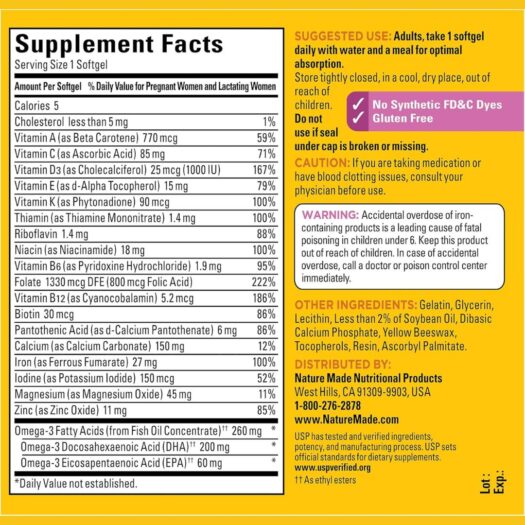 NatureMade. Multivitaminas + Minerales Prenatales + Omega 3 (DHA + EPA) 100 softgels / cápsulas blandas. - Image 5