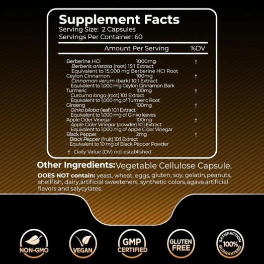 Wellness LabsRX. Complejo de Berberina 15,000 mg - Por 2 cápsulas - Berberina + Canela de Ceilán + Cúrcuma + Ginseng + Ginkgo + Vinagre de Sidra de Manzana + Pimienta negra - 120 cápsulas. - Image 2