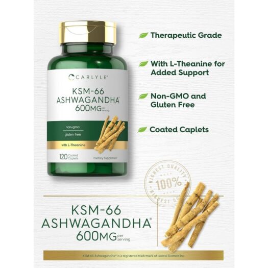 Carlyle. Ashwagandha KSM 66 - 600 mg Extracto + L Teanina 200 mg - Por 2 tabletas recubiertas - 120 tabletas recubiertas por frasco. - Image 4