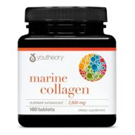 Youtheory. Colageno Marino 2,500 mg (Por cada 5 tabletas) + Vits. A, C, E, B6, B12, Zinc, Selenio + Silica - 160 tabletas por frasco.