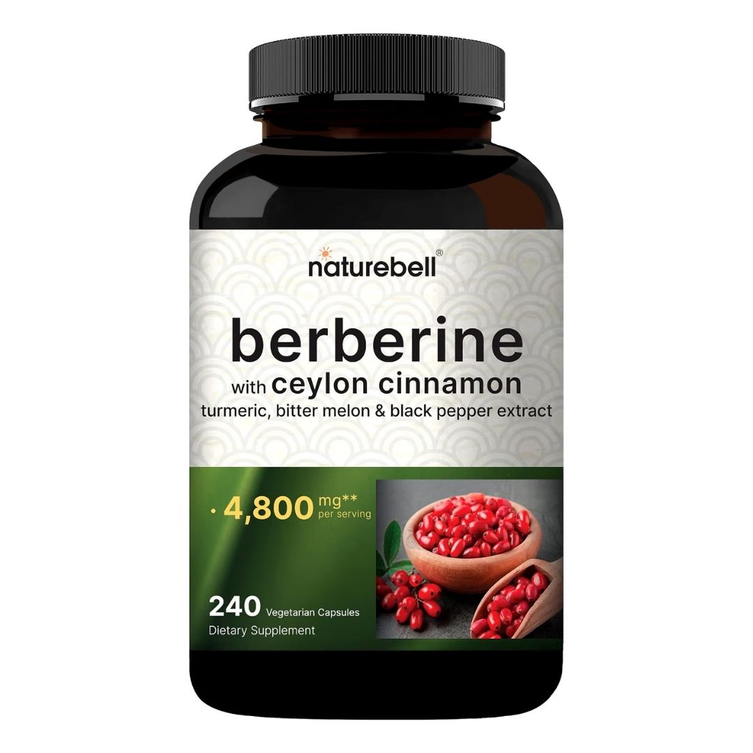 Naturebell. Complejo de Berberina + Canela Ceylon + Cúrcuma + Melón Amargo + Pimienta negra 4,800 mg por 3 cápsula - 240 cápsulas por frasco.