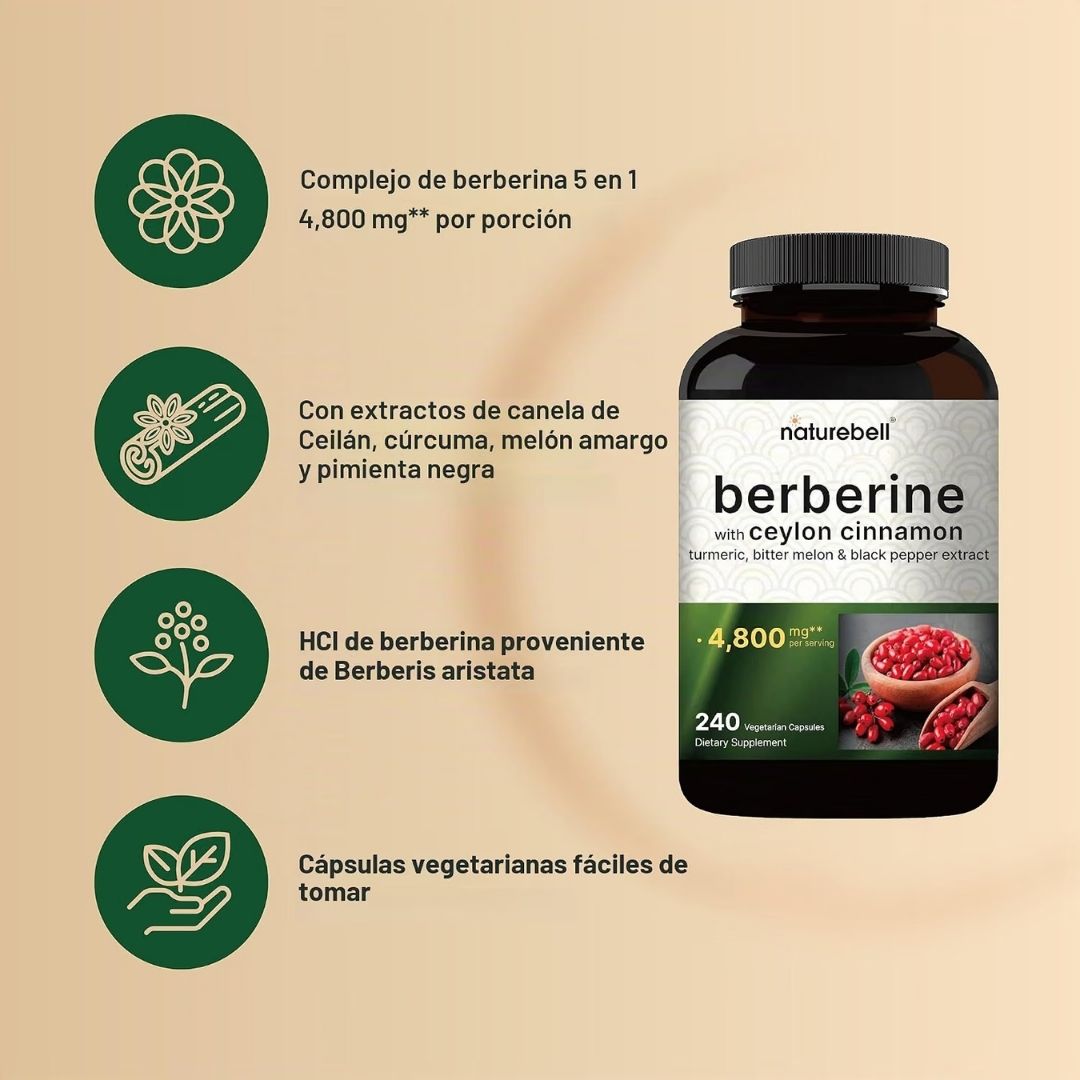 Naturebell. Complejo de Berberina + Canela Ceylon + Cúrcuma + Melón Amargo + Pimienta negra 4,800 mg por 3 cápsula - 240 cápsulas por frasco. - Image 3