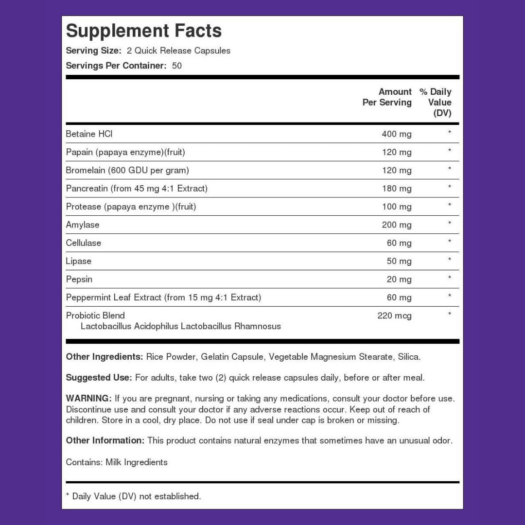 Piping Rock. Digest - It - Super Strength. Enzimas Digestivas (Amilasa, Proteasa, Celulasa, Papaína y Lipasa) + Probioticos y Prebióticos 100 cápsulas por frasco. - Image 8