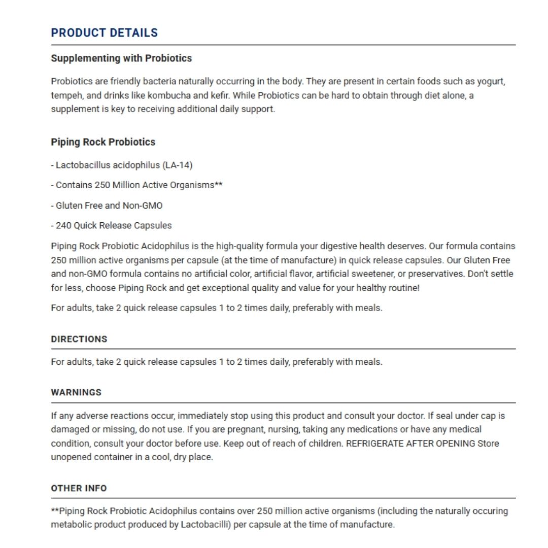 Piping Rock. Probióticos Acidophilus 250 millones - 240 cápsulas vegetarianas por frasco - Image 7