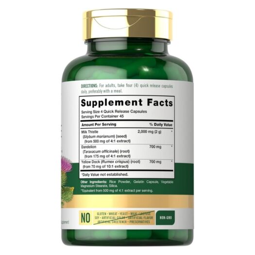 Carlyle. Milk Thistle 2,000 mg + Dandelion + Yellow Dock -  Por cada 4 cápsulas - 180 cápsulas por frasco. - Image 2