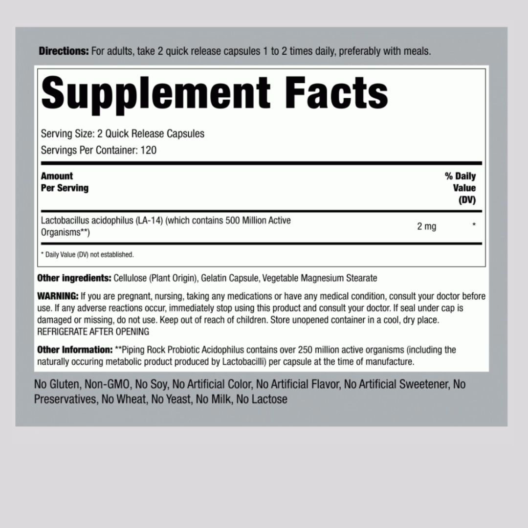 Piping Rock. Probióticos Acidophilus 250 millones - 240 cápsulas vegetarianas por frasco - Image 8