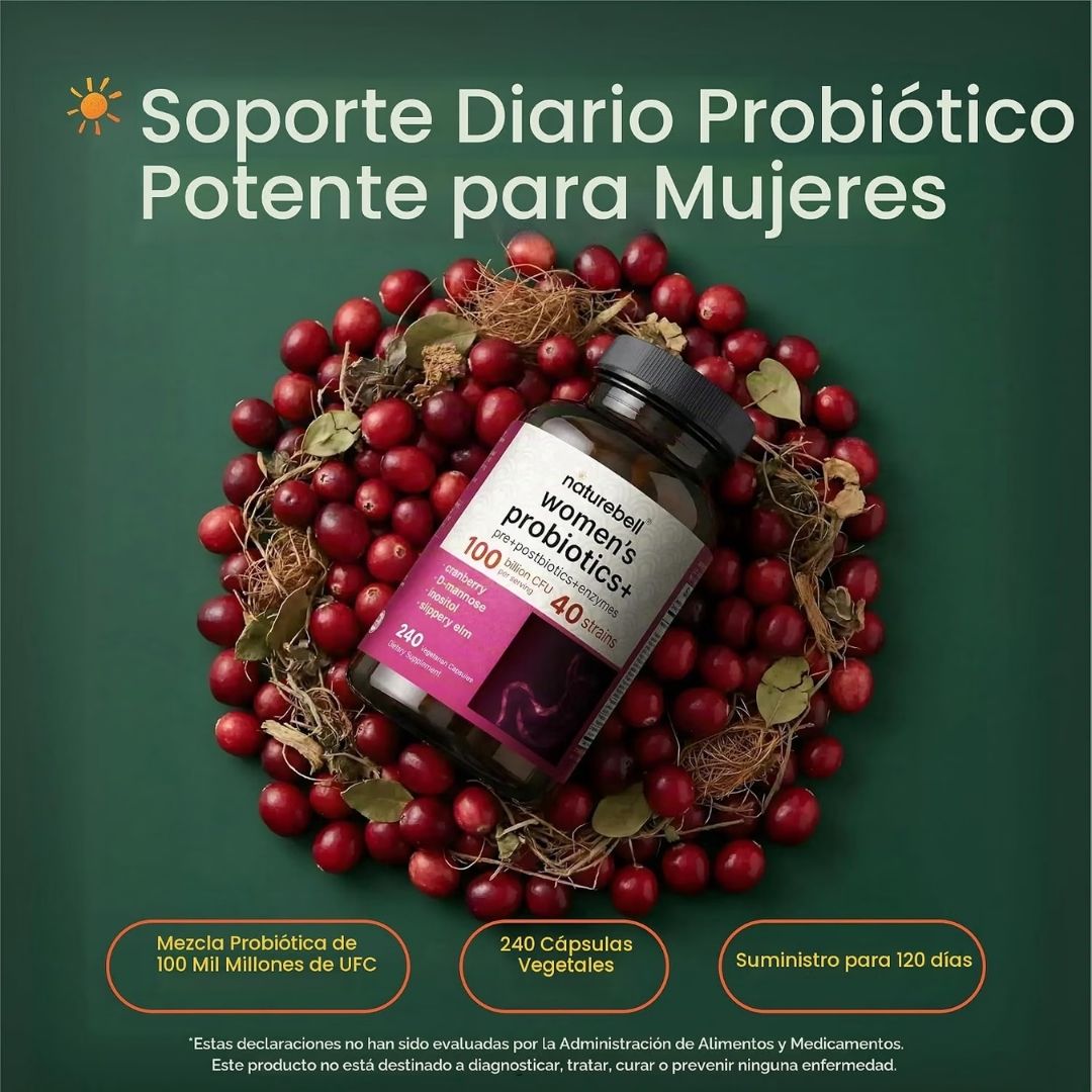 NatureBell. Probióticos para Mujer - Probióticas +Prebióticos + Postbióticos+ Enzimas Digestivas + Arándano, D-manosa, Inositol y más - 100 billones Por 2 Cápsulas - 240 cápsulas por frasco. - Imagen 3