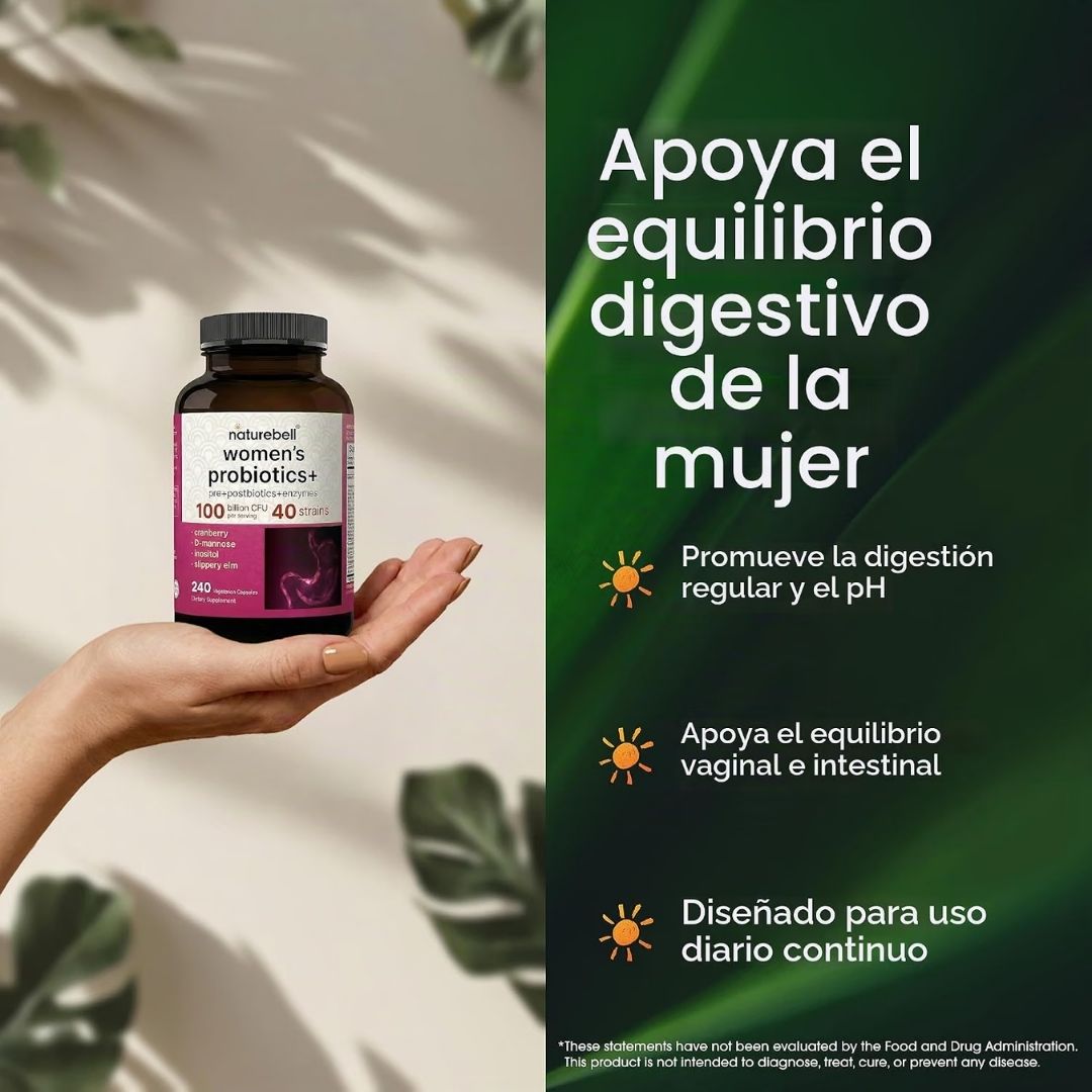 NatureBell. Probióticos para Mujer - Probióticas +Prebióticos + Postbióticos+ Enzimas Digestivas + Arándano, D-manosa, Inositol y más - 100 billones Por 2 Cápsulas - 240 cápsulas por frasco. - Imagen 4