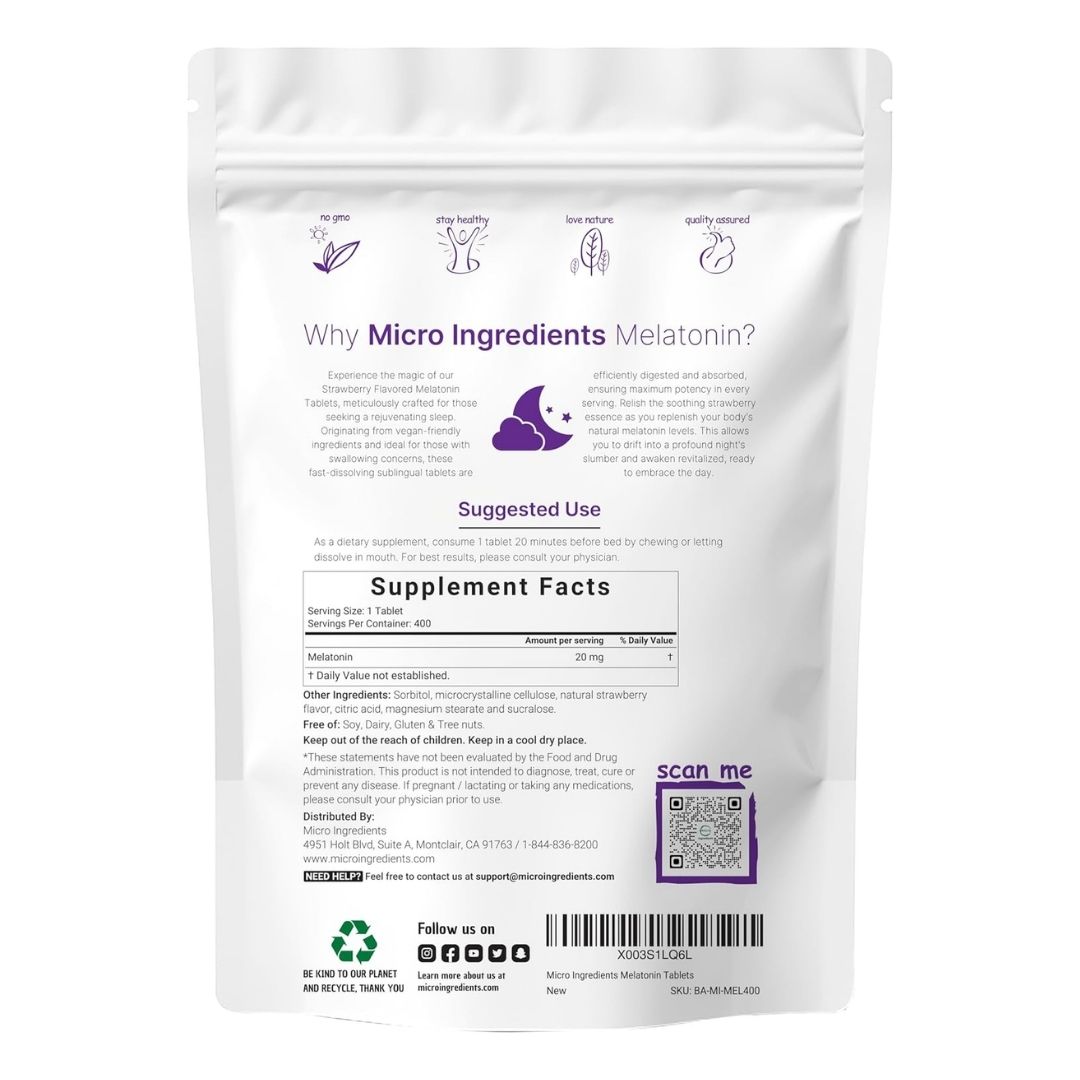 Microingredients. Melatonina 20 mg (por cada tableta masticable) - 400 tabletas masticables. - Image 2
