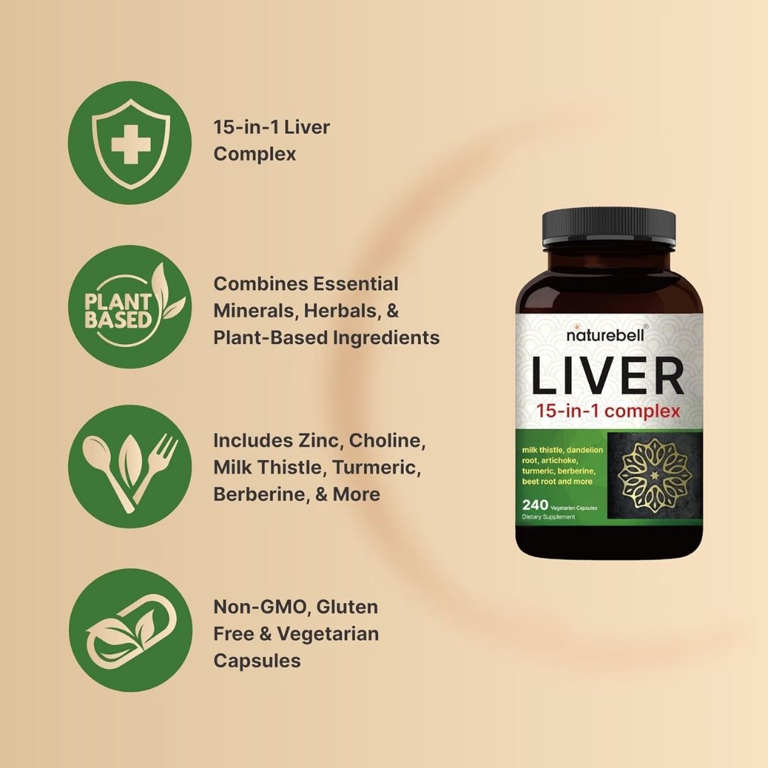 Naturebell. Complejo Liver 15 en 1 - Cardo Mariano, Diente de León, Alcachofa, Cúrcuma, Berberina, Remolacha y otros - 240 cápsulas por cápsula. - Imagen 5