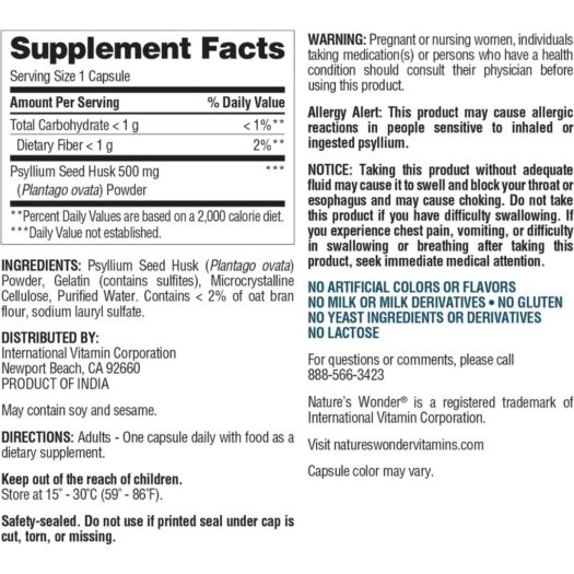 Natures Wonder. Psyllium Husk - 500 mg - 200 cápsulas por frasco. - Image 3