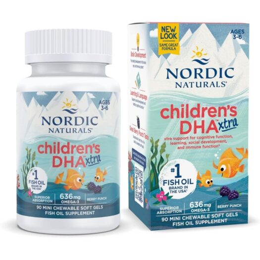 Nordic Naturals. Childrens DHA Xtra - 3 - 6 años - 636 mg por cada 3 mini softgels masticables - 90 mini softgels masticables sabor ponche de bayas por frasco