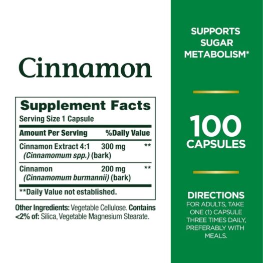 Natures Bounty. Cinnamon - Canela 1,500 mg (Cada 3 cápsulas) - 100 cápsulas por frasco - Image 2