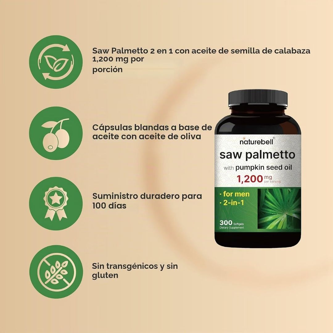 Naturebell. Saw Palmetto 600 mg extracto+ 600 mg Aceite de Semillas de Calabaza - Por cada 3 cápsulas - 300 cápsulas por frasco - Imagen 3