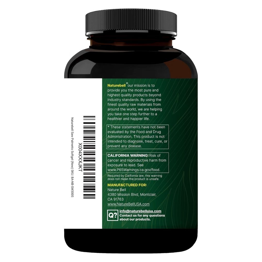 Naturebell. Saw Palmetto 600 mg extracto+ 600 mg Aceite de Semillas de Calabaza - Por cada 3 cápsulas - 300 cápsulas por frasco - Imagen 6